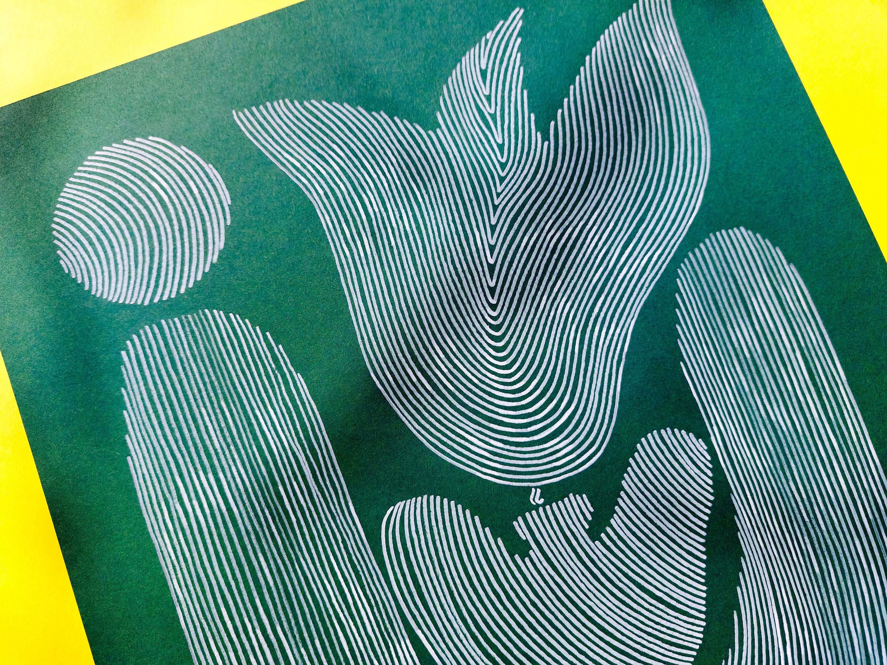 Emerald green Abstract flower line shapes artwork for Nature lover gift UNFRAMED