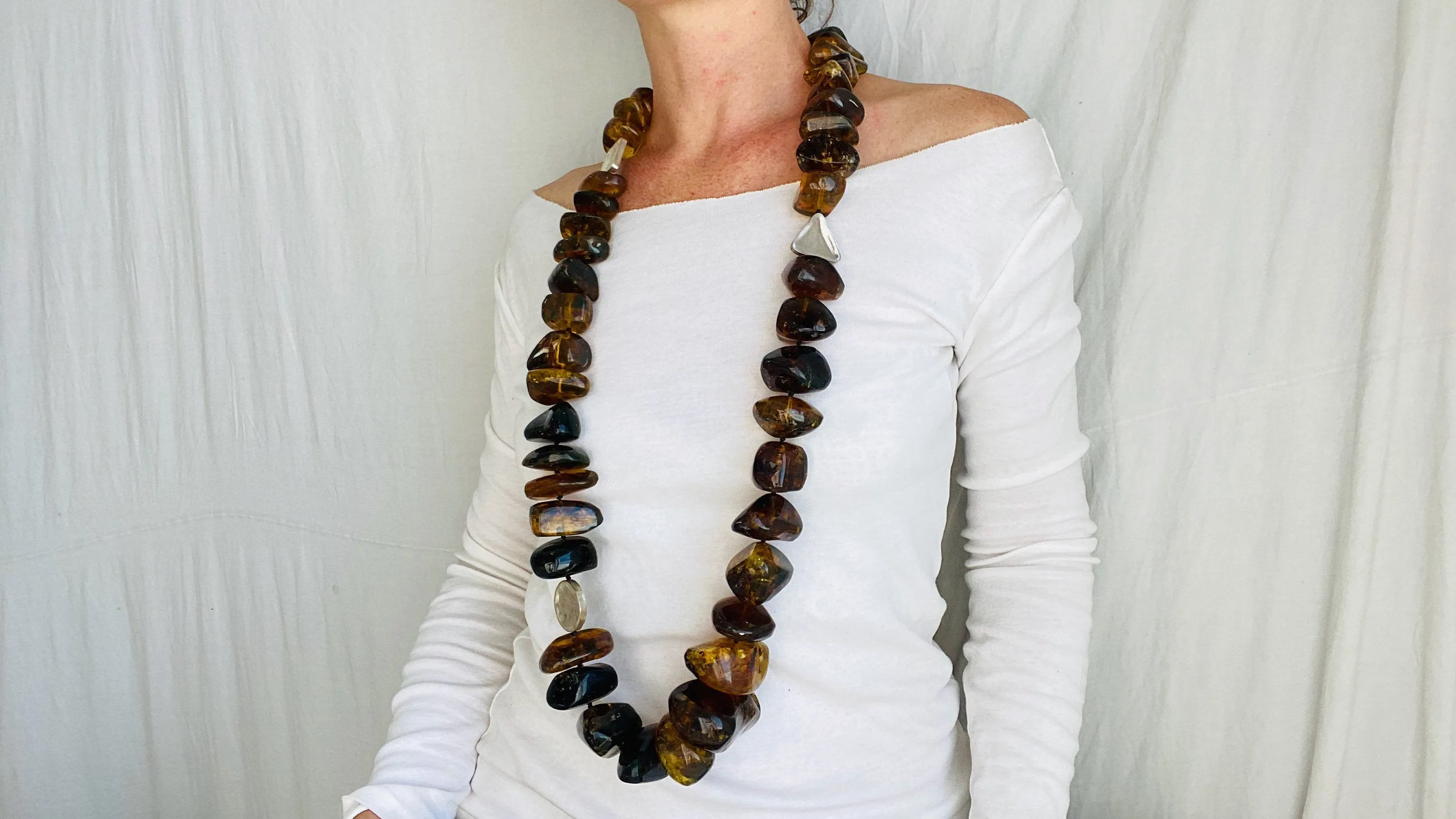 Long Amber & Silver Necklace. Chunky. Southwest Style.