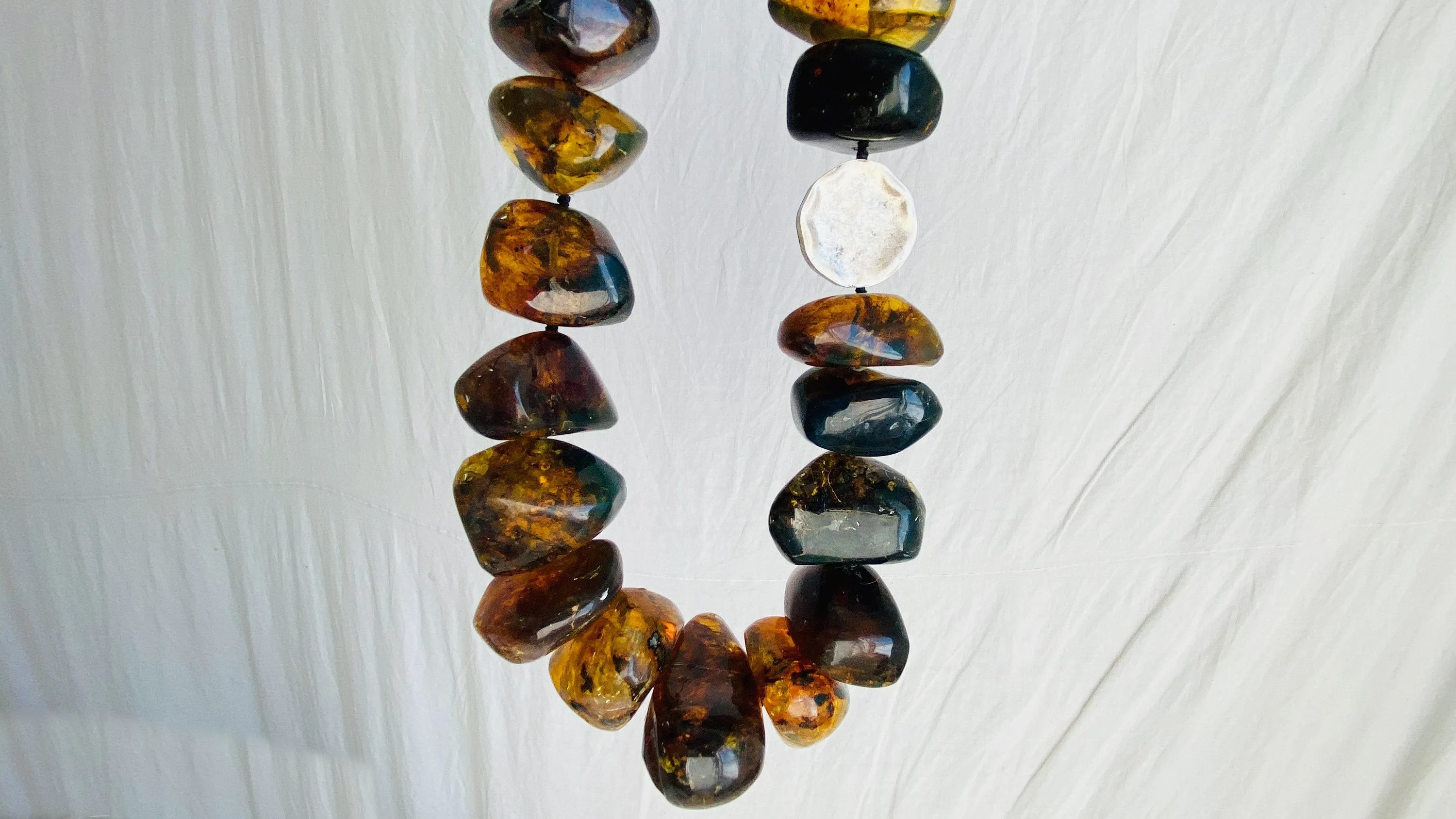 Long Amber & Silver Necklace. Chunky. Southwest Style.