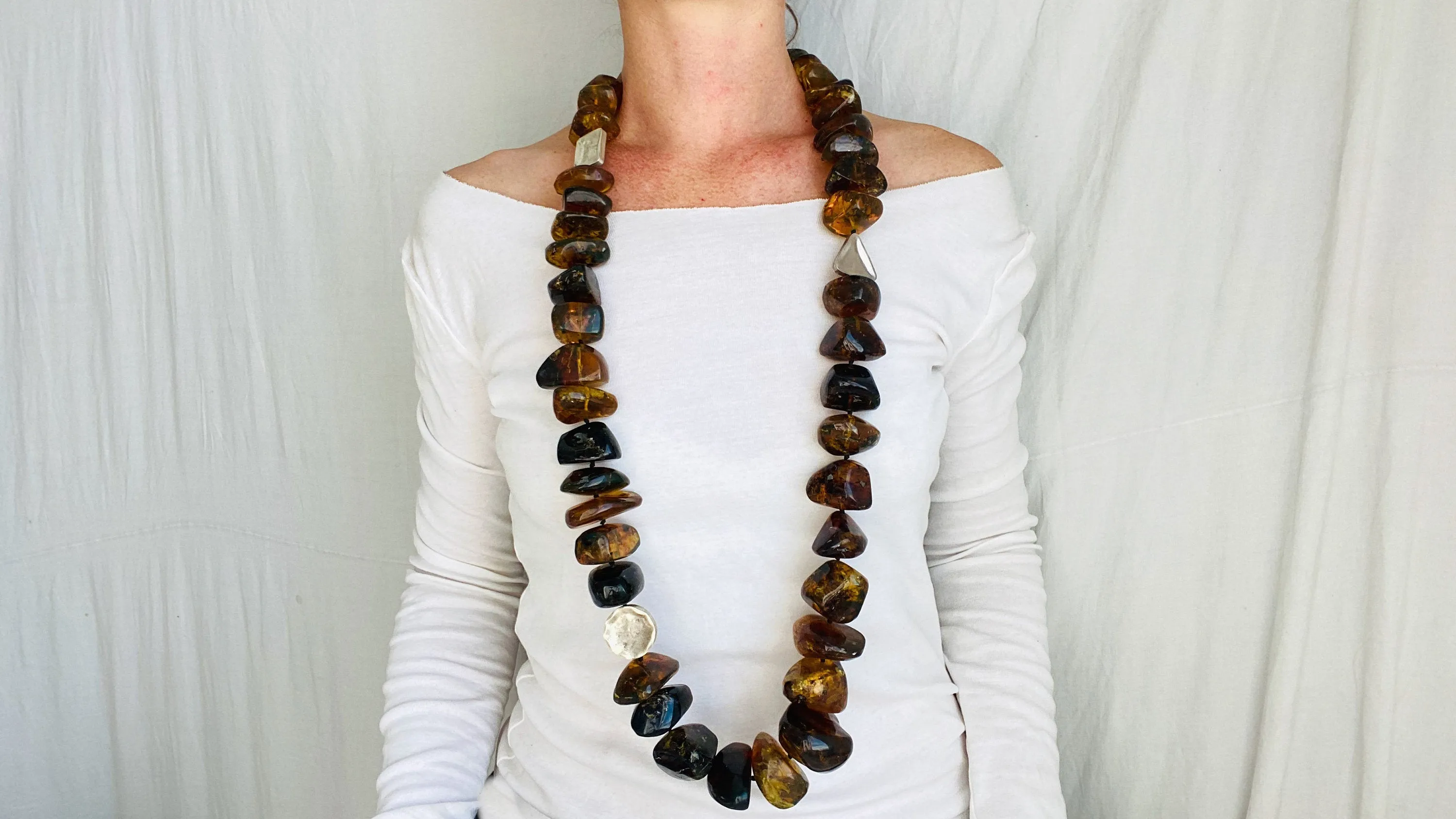 Long Amber & Silver Necklace. Chunky. Southwest Style.