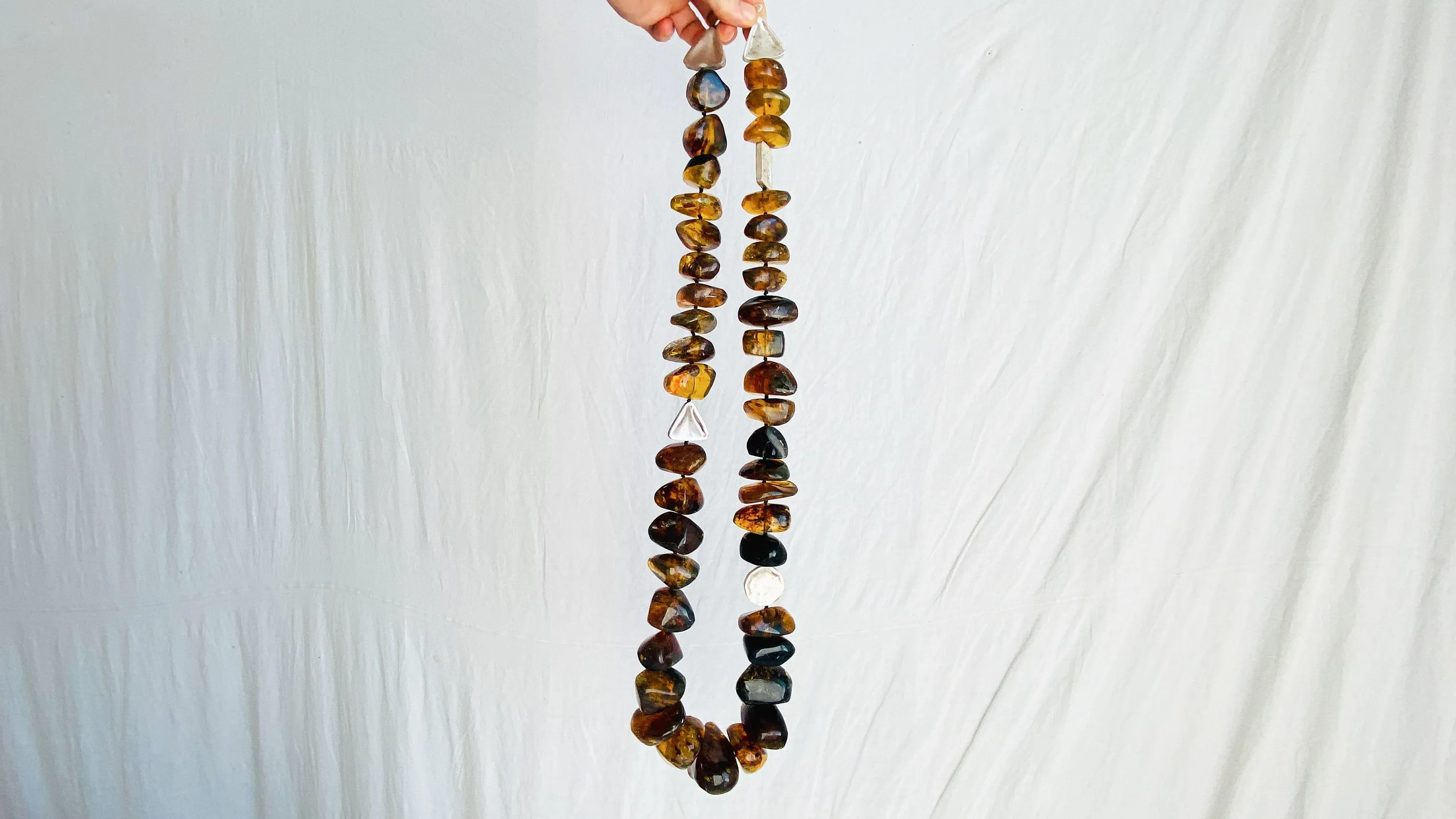 Long Amber & Silver Necklace. Chunky. Southwest Style.