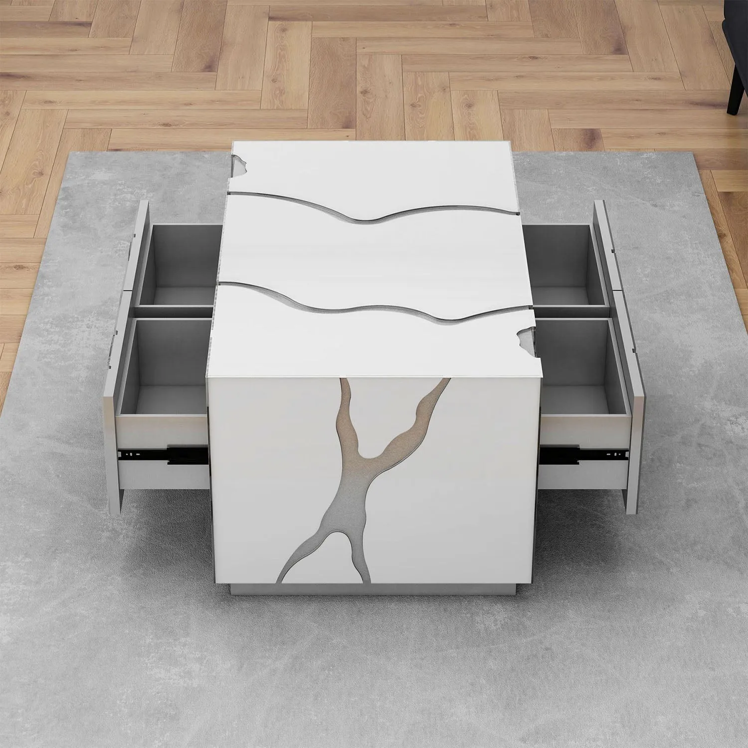 Modern White Coffee Table with Silver Accents and Four Drawers - A Unique and Stylish Centerpiece for Your Living Room