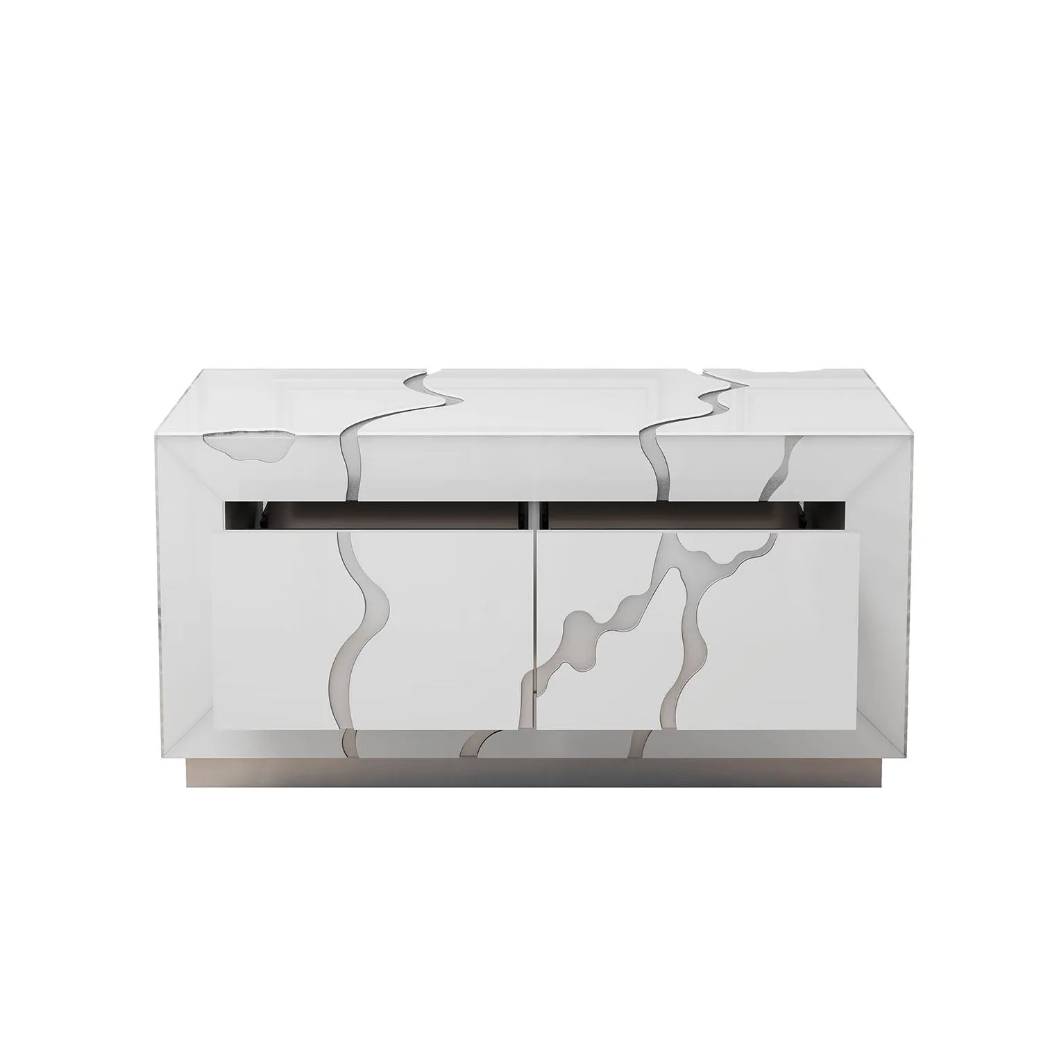 Modern White Coffee Table with Silver Accents and Four Drawers - A Unique and Stylish Centerpiece for Your Living Room