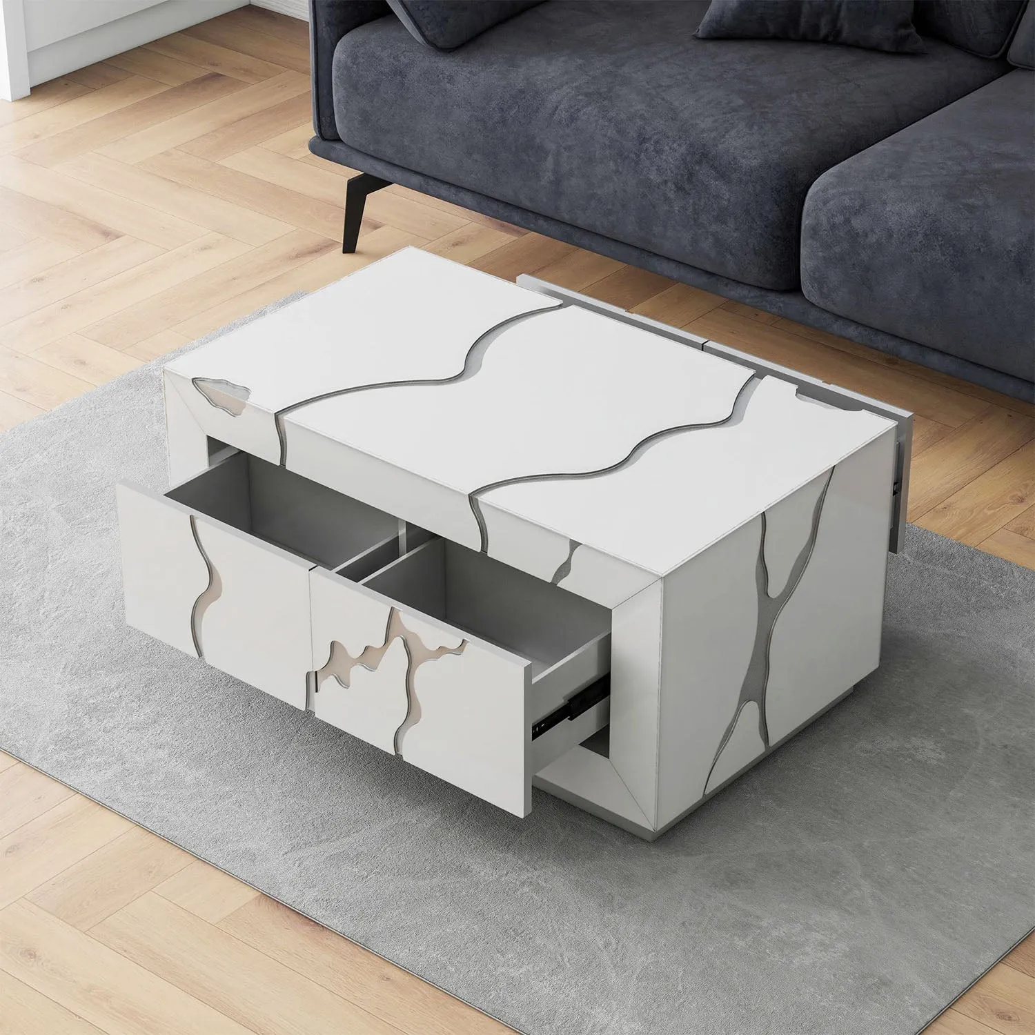 Modern White Coffee Table with Silver Accents and Four Drawers - A Unique and Stylish Centerpiece for Your Living Room