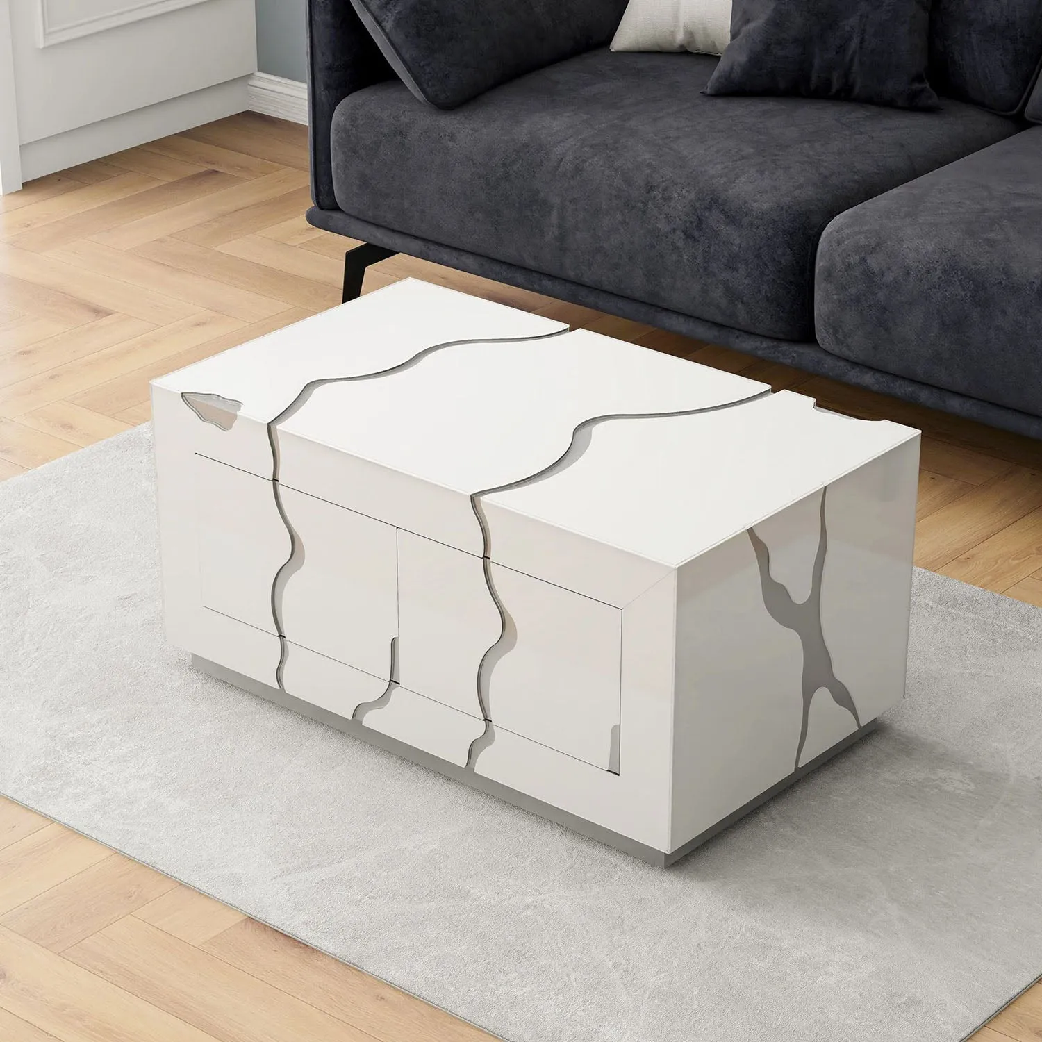Modern White Coffee Table with Silver Accents and Four Drawers - A Unique and Stylish Centerpiece for Your Living Room