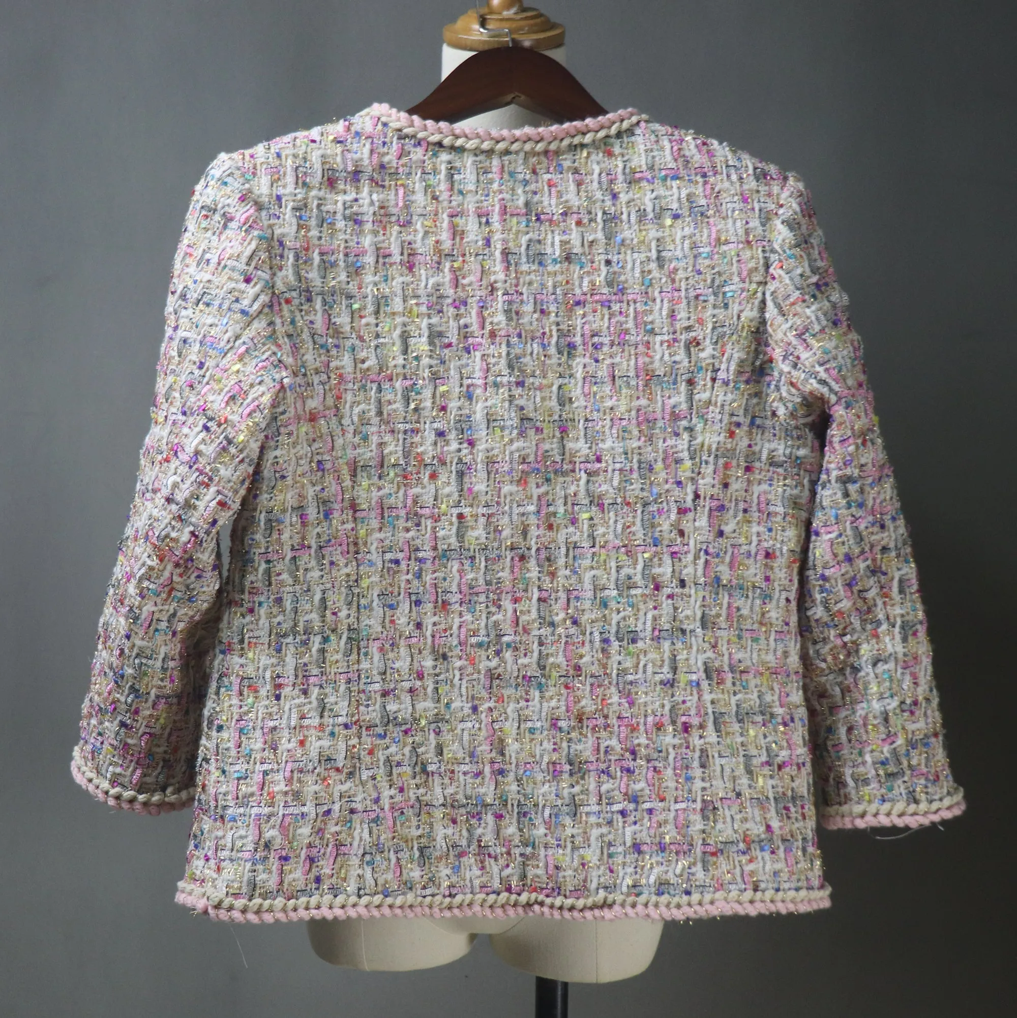 Women Pink Tweed Jacket with Rainbow Colour